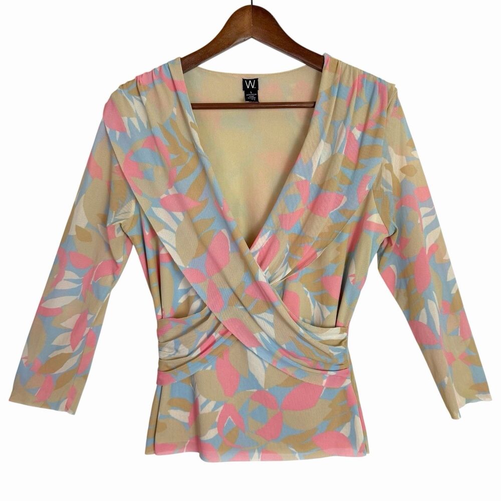 Mesh Abstract Floral Ruched Faux Wrap Top Raw Hem V-Neck Sheer Blouse Large